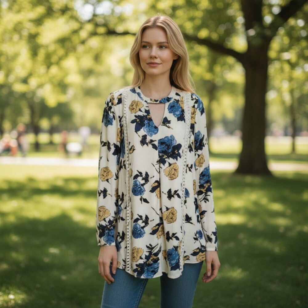 Blu Pepper Womens Beige Floral Rayon VNeck Long Sleeve Knee Length Tunic/Dress S